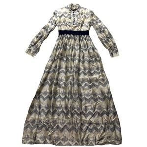 Vintage‎ 70s Blue Embroidered Velvet Handmade Prairie Maxi Dress XS